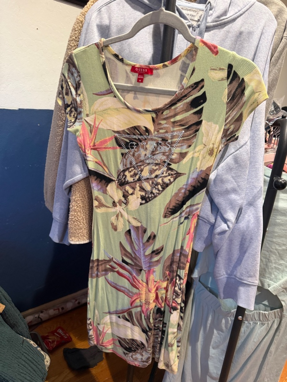GUESS Green Floral DRESS Print Ribbed Camisole with Crystal Logo